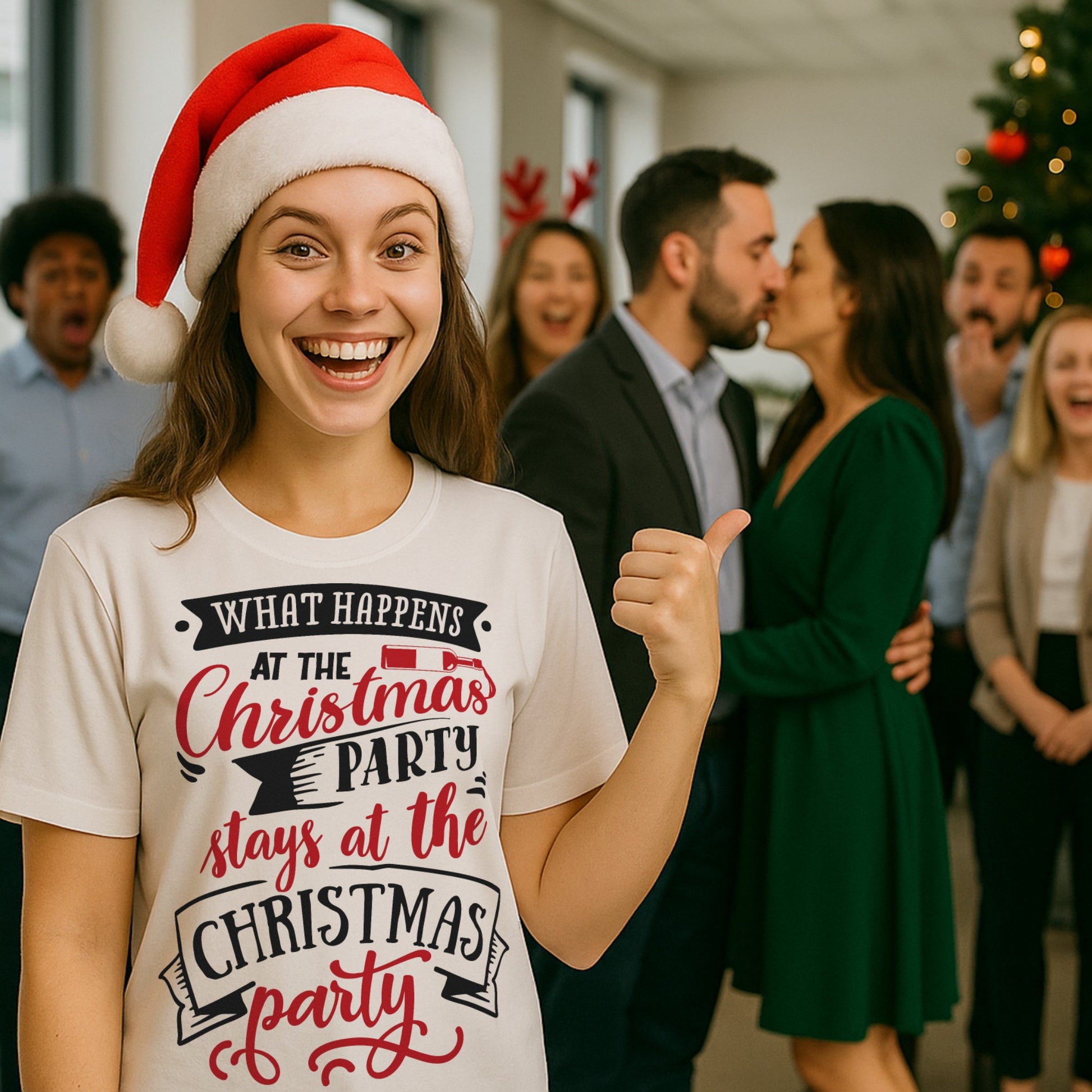 Playful Christmas t-shirt with cheeky slogan “What Happens at the Christmas Party Stays at the Party,” styled for cosy Christmas gatherings and festive vibes—ideal gift for co-workers or friends.