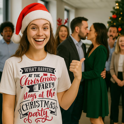 Playful Christmas t-shirt with cheeky slogan “What Happens at the Christmas Party Stays at the Party,” styled for cosy Christmas gatherings and festive vibes—ideal gift for co-workers or friends.