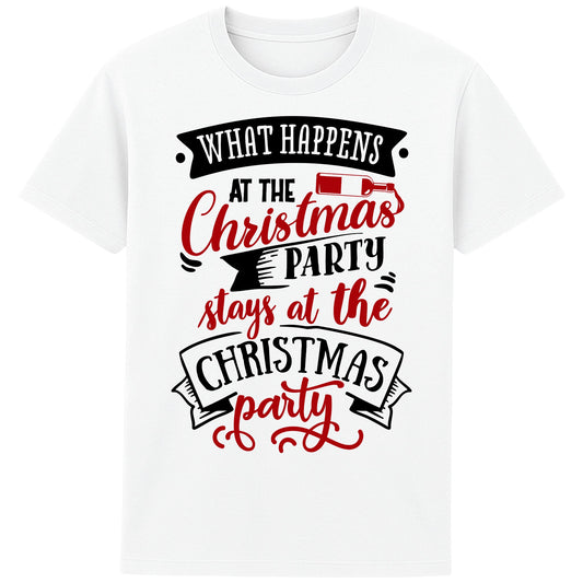 Playful Christmas white t-shirt with cheeky slogan “What Happens at the Christmas Party Stays at the Party,” styled for cosy Christmas gatherings and festive vibes—ideal gift for co-workers or friends.